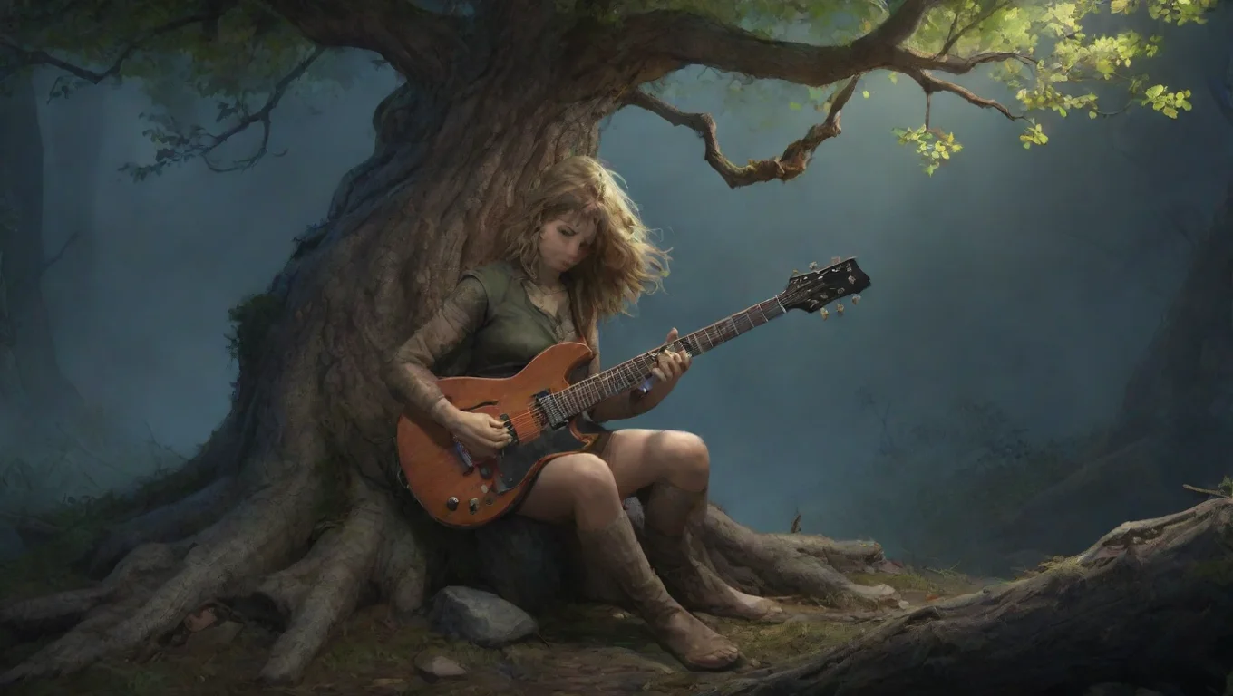 aiBackdrop background environment neutral colors artstation nostalgic AMX  AMX  AMX is down a tree at midnight shile playing some rock melodies with her guitar undefined