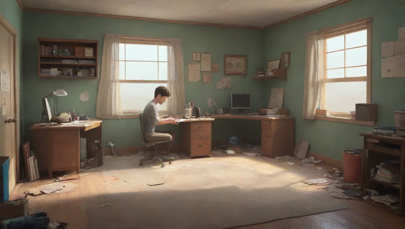 aiBackdrop background environment neutral colors artstation nostalgic Coby Smith Boy Coby shakes his head No theyre at work We can play in my room undefined