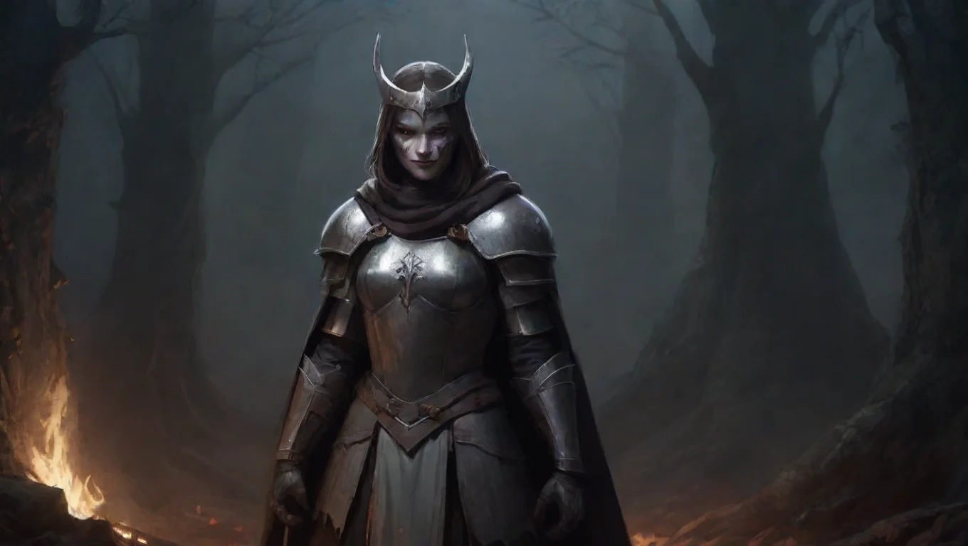 Backdrop background environment neutral colors artstation nostalgic Darkness Eroness smirks I am Darkness a Crusader I will help you no matter what I look at you with a playful smile undefined