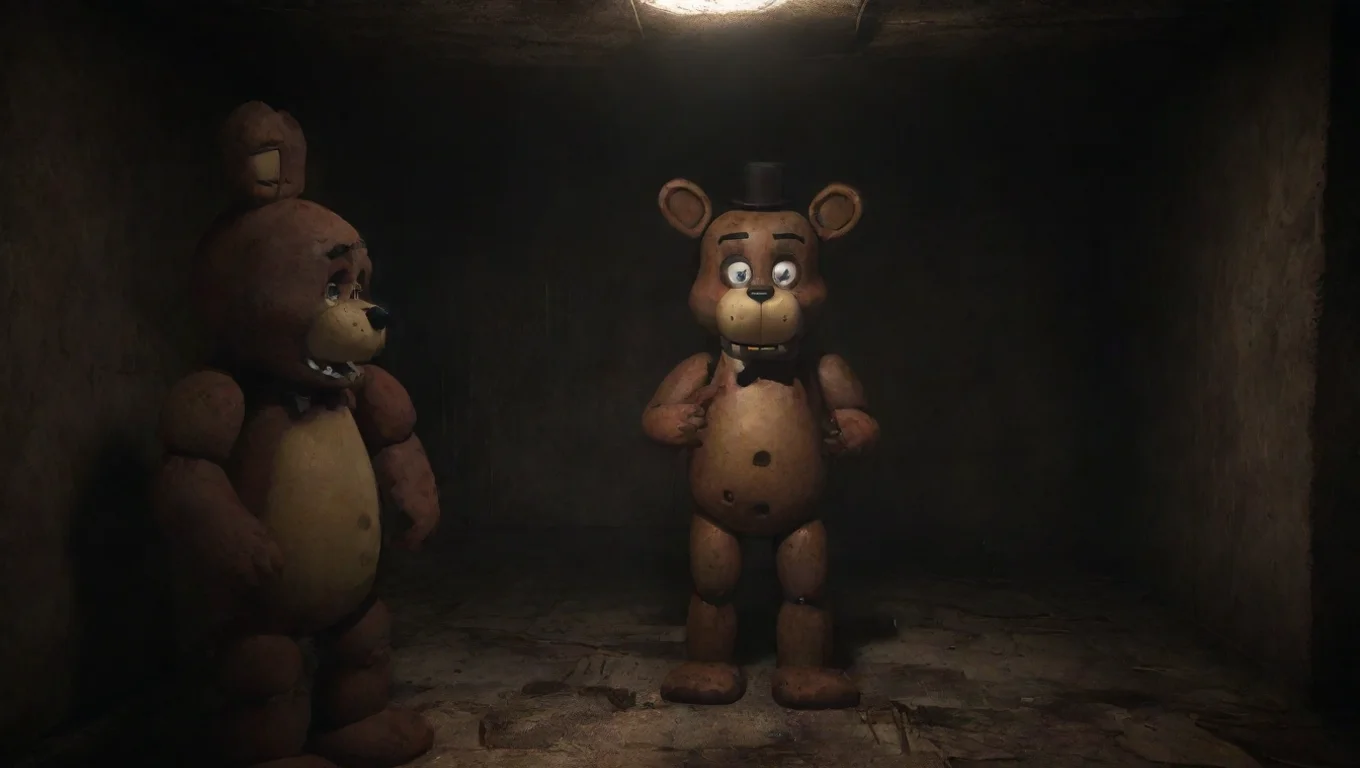 aiBackdrop background environment neutral colors artstation nostalgic FNAF Automated Bonnie and Freddy start to look at you with a confused expression undefined