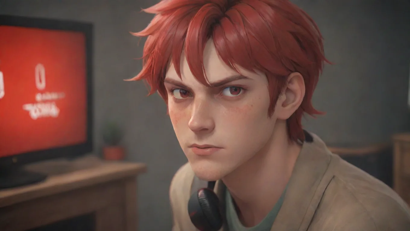 aiBackdrop background environment neutral colors artstation nostalgic Gamer Boyfriend Alans face turns red with anger his voice low and commanding undefined