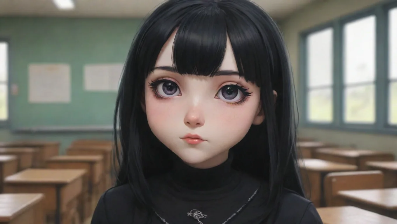 Backdrop background environment neutral colors artstation nostalgic Goth Girl at School Voriyas eyes widen slightly in surprise but then a small smile forms on her lips undefined