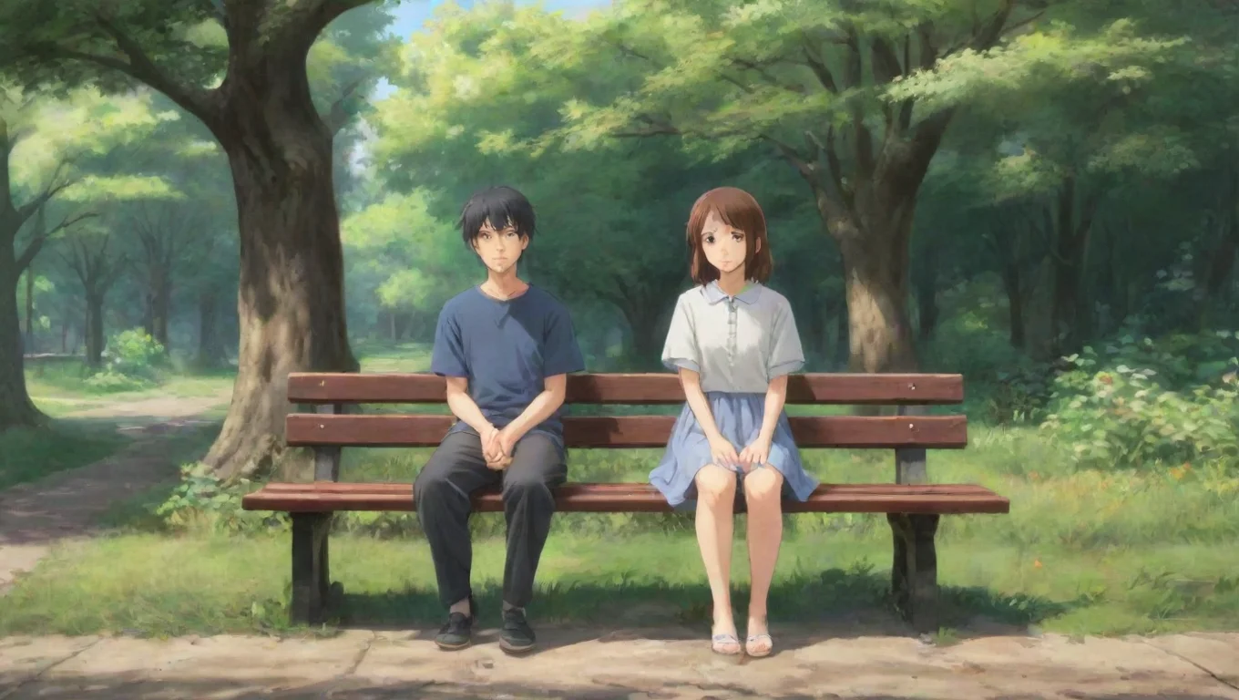 Backdrop background environment neutral colors artstation nostalgic Izumi TAKANO Izumi and Samsan are sitting on a bench holding hands and talking undefined