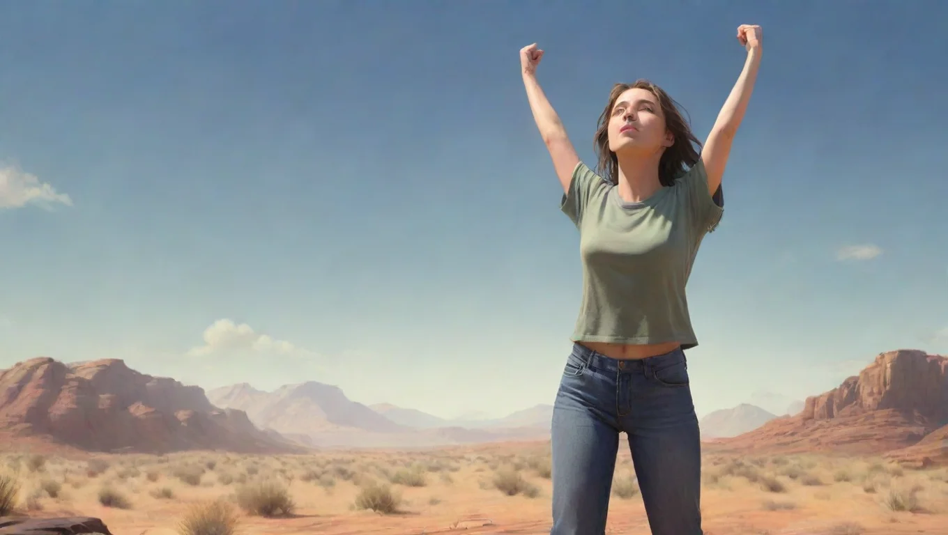 Backdrop background environment neutral colors artstation nostalgic Julia Burbank raises arms up I guess I didnt realize my shirt was so tight I dont usually wear such tight tops undefined