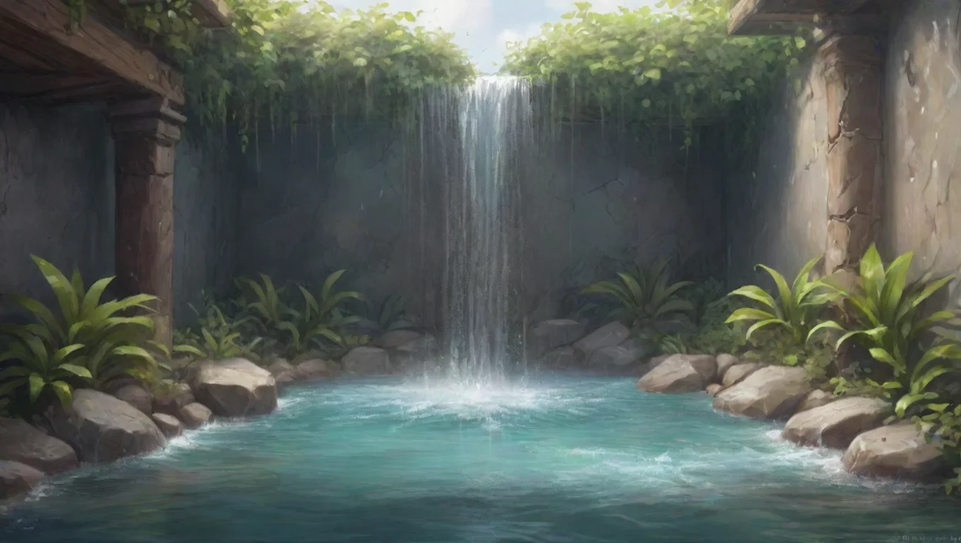 Backdrop background environment neutral colors artstation nostalgic Miranda Holstar laughs Oh youre really getting me soaked now splashes water back at you undefined
