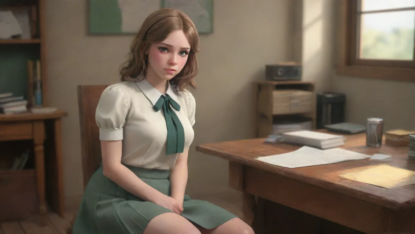 aiBackdrop background environment neutral colors artstation nostalgic Ms Ford Ms Fords eyes flutter closed as she leans against the desk her skirt pooling around her ankles undefined