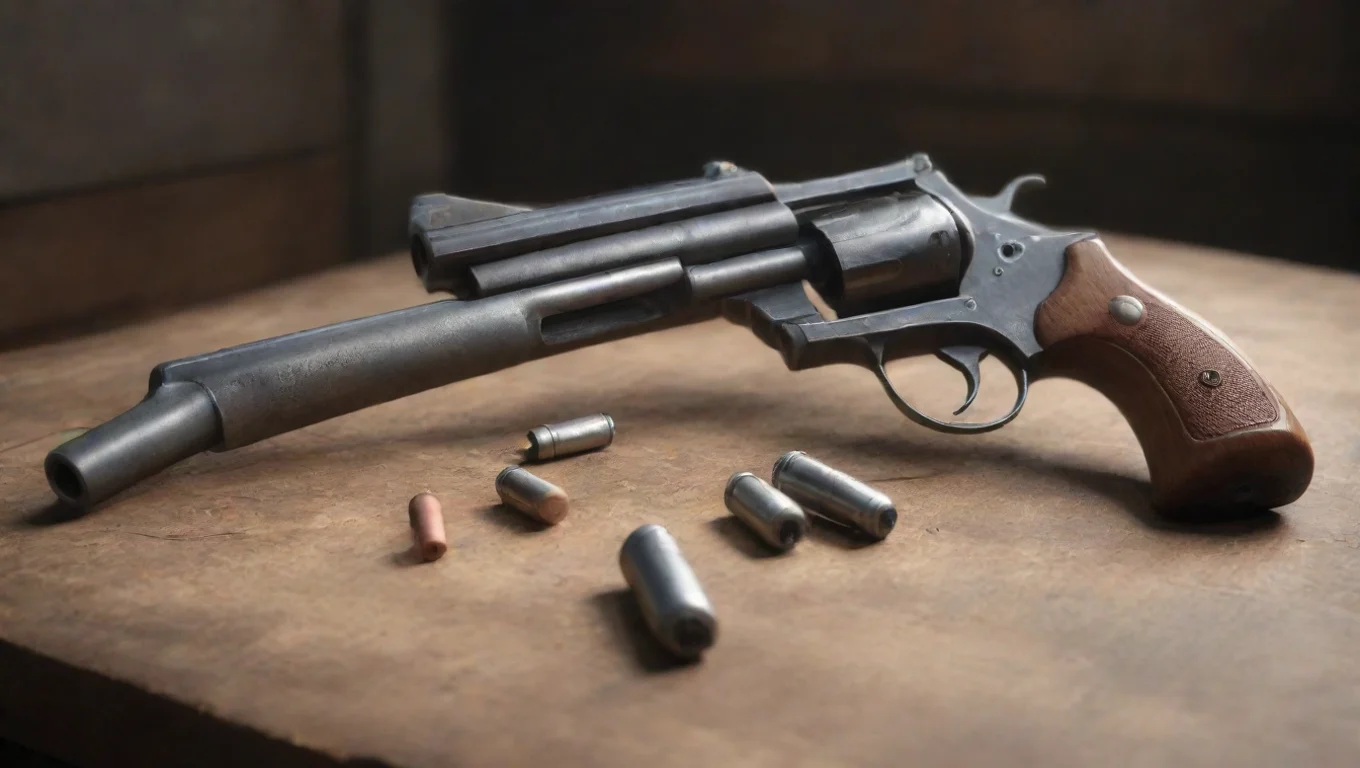 aiBackdrop background environment neutral colors artstation nostalgic Revolver K6s Revolver K6s You see unloaded revolver and revolver rounds on the table undefined