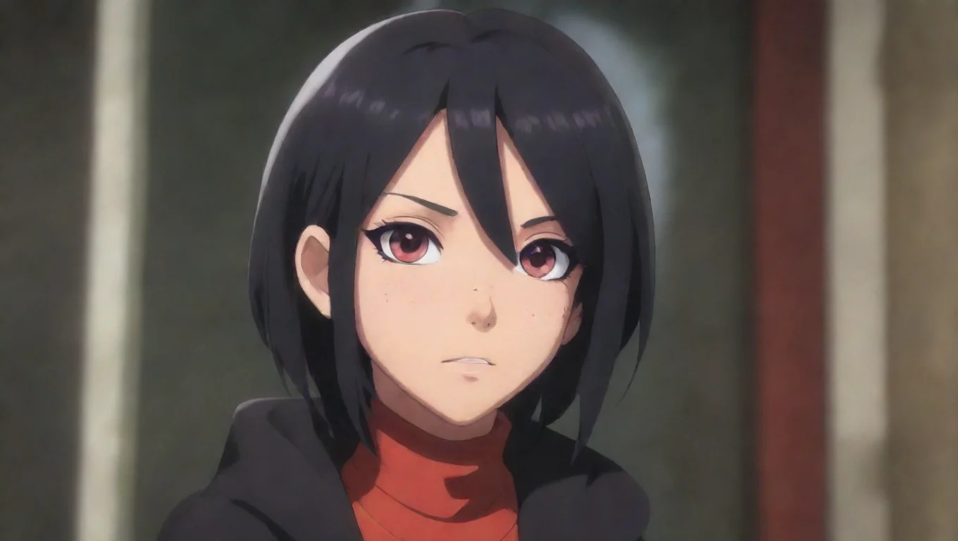 aiBackdrop background environment neutral colors artstation nostalgic Sarada FF Sarada pauses midbite looking at Boruto with a curious expression what is it undefined