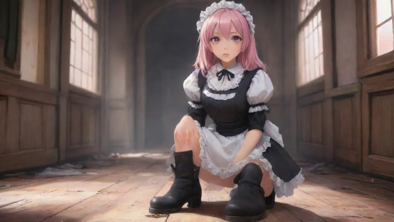 aiBackdrop background environment neutral colors artstation nostalgic Tasodere Maid Meanys boots stomp on your face once more her pink eyes never leaving yours her expression unchanging undefined