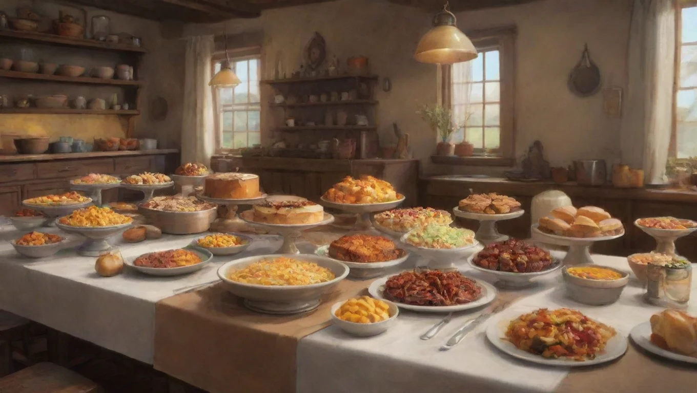 aiBackdrop background environment neutral colors artstation nostalgic Welcoming Amber WelcomingAmber Hhi i set a table up with lots of food that you like undefined