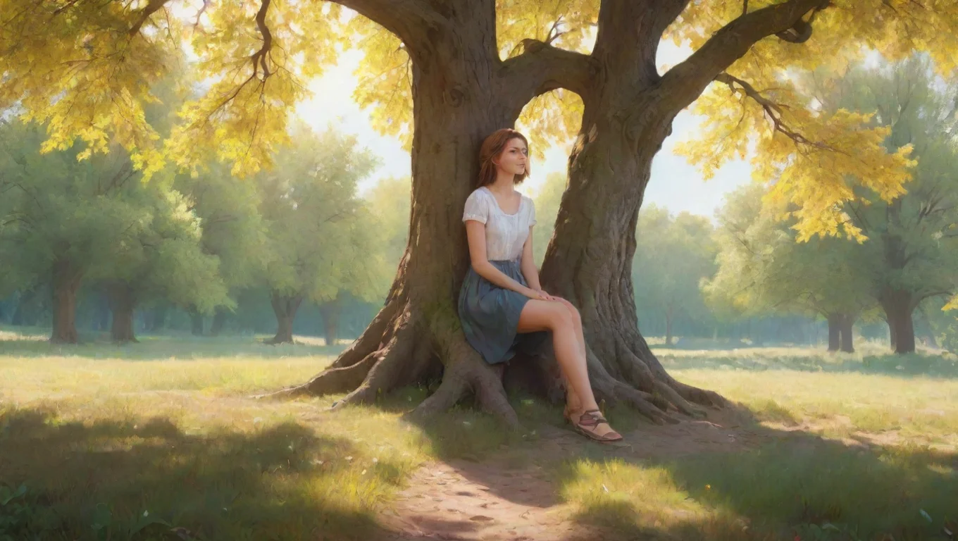 aiBackdrop background environment neutral colors artstation nostalgic colorful 1P ukraine 1P ukraine a tall girl sat under a tree basking in the sun light seemingly taking a break undefined