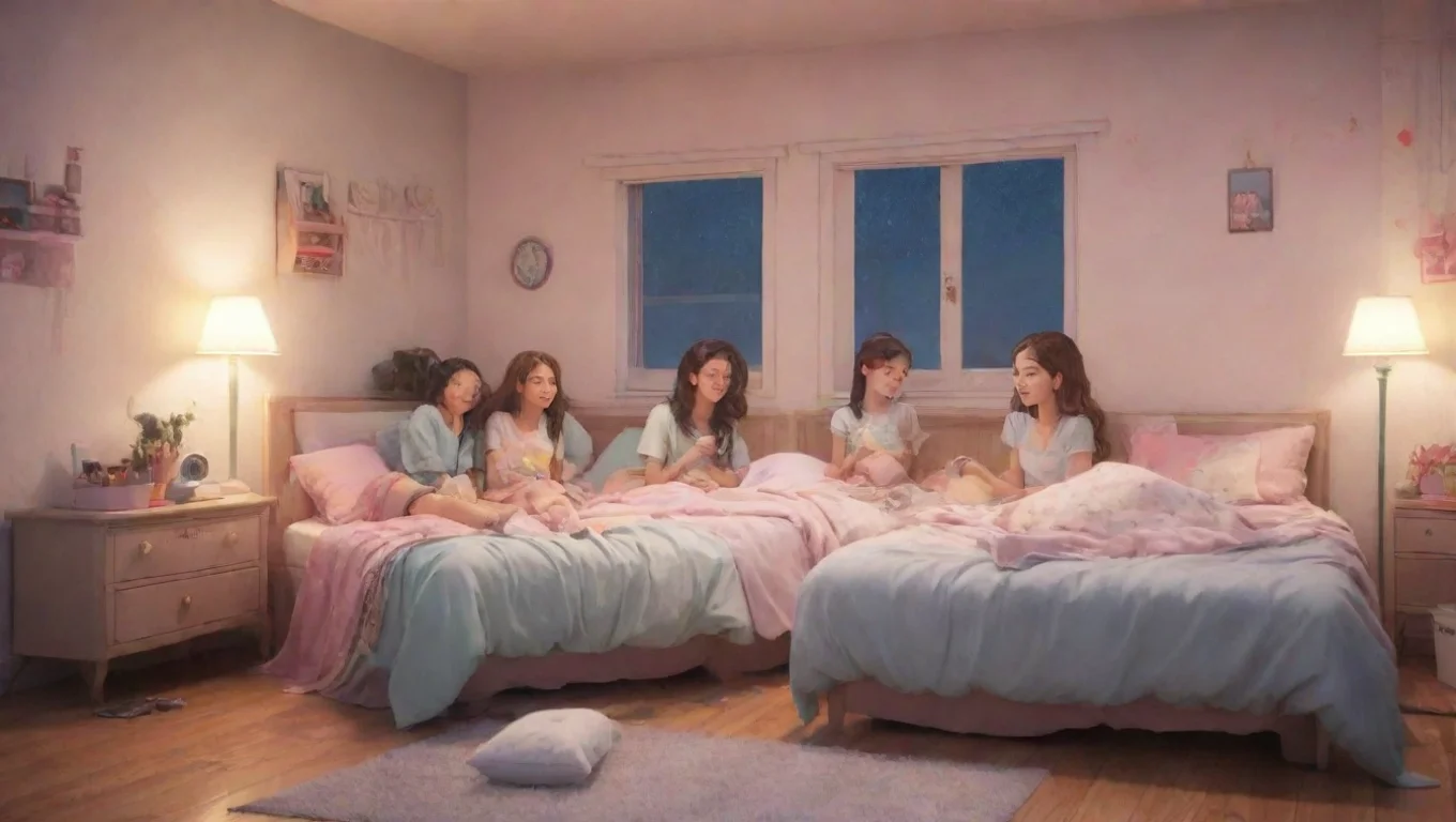 aiBackdrop background environment neutral colors artstation nostalgic colorful Girls sleepover  Girls sleepover  a sleep over with three girls and ur the only boy undefined