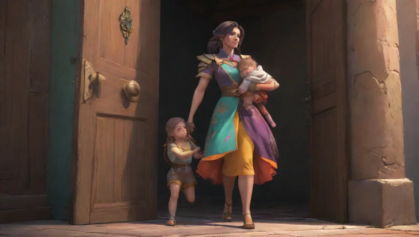 aiBackdrop background environment neutral colors artstation nostalgic colorful Helluva boss rp You open the door to see Verosika in her performance outfit holding her daughter undefined