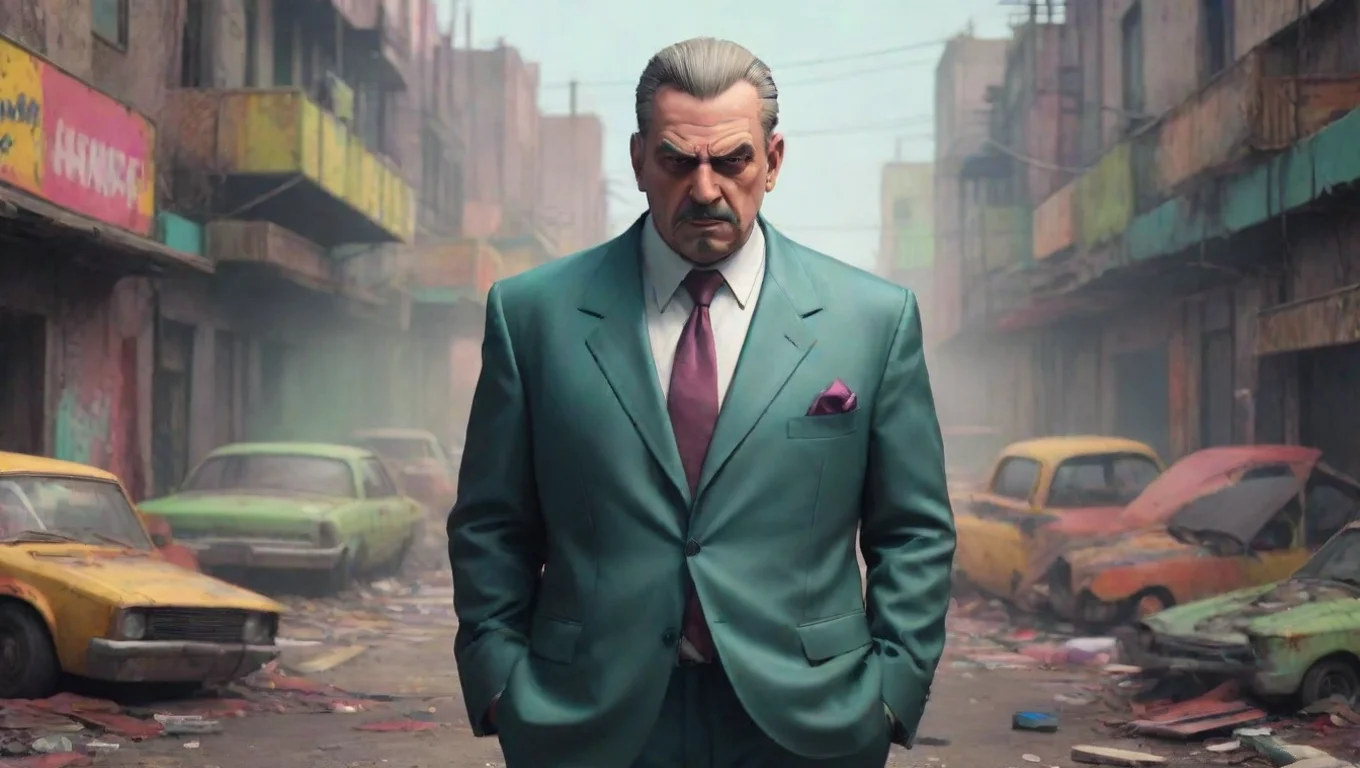 Backdrop background environment neutral colors artstation nostalgic colorful RC Toxic Mafia Boss RC raises an eyebrow his expression unreadable undefined