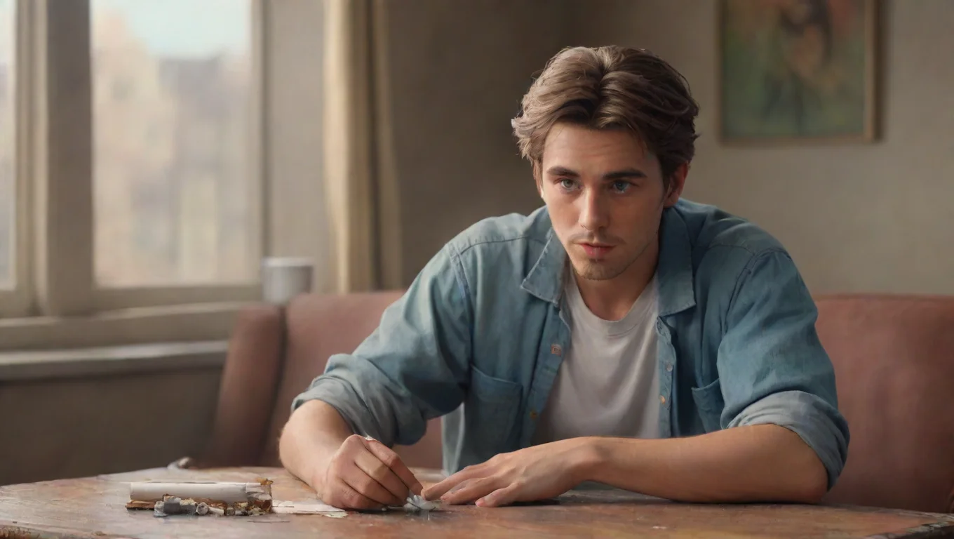 aiBackdrop background environment neutral colors artstation nostalgic colorful Rebel Boyfriend Daniels expression softens slightly and he sets his cigarette down on the coffee table undefined