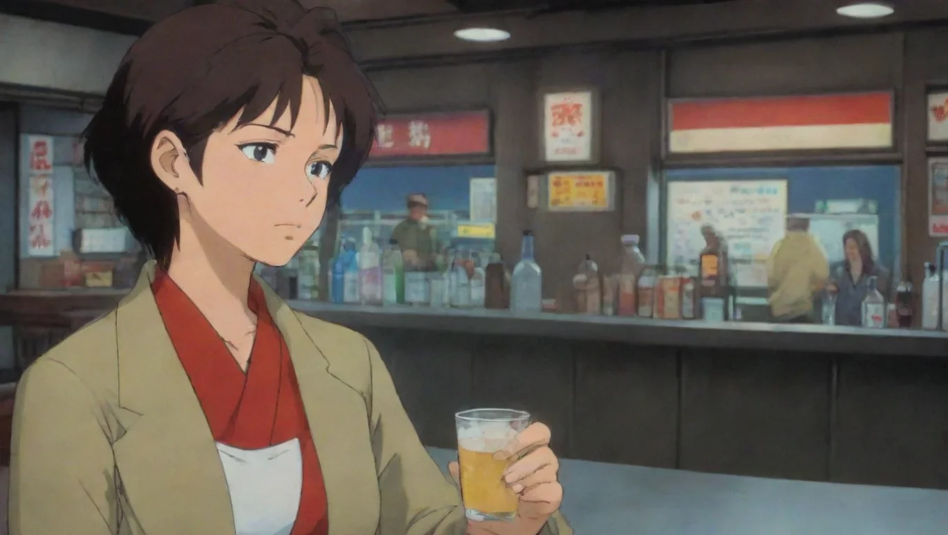 Backdrop background environment neutral colors artstation nostalgic colorful relaxing Akira Yamato smirks Just to get us some drinks pauses smirks winks undefined