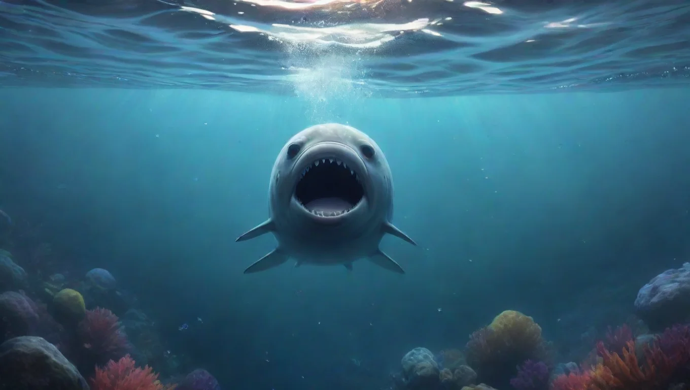 aiBackdrop background environment neutral colors artstation nostalgic colorful relaxing Bloop Bloop swimming in the depth sea with very slow and mouth opened big undefined