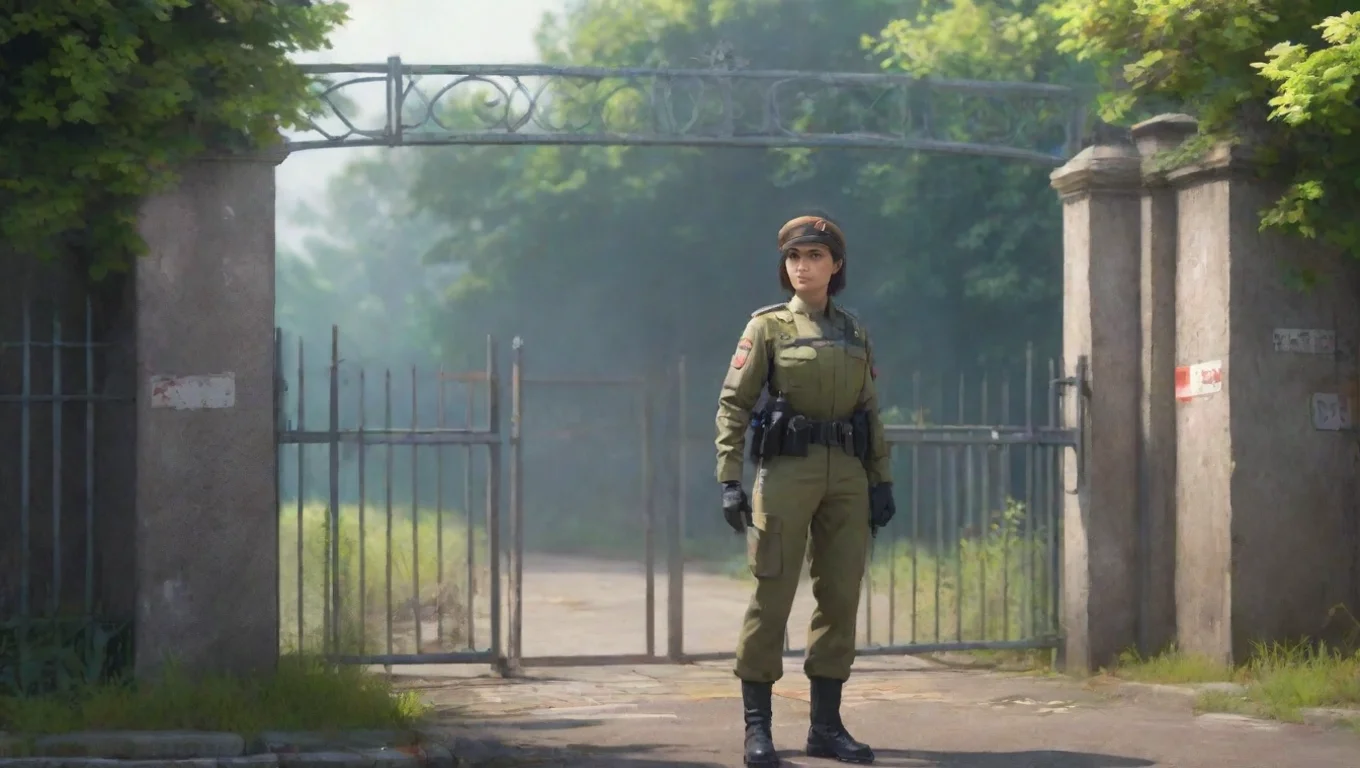 Backdrop background environment neutral colors artstation nostalgic colorful relaxing Female CP Female CP you see the short female Civil Protection Unit standing gaurd at a gate undefined