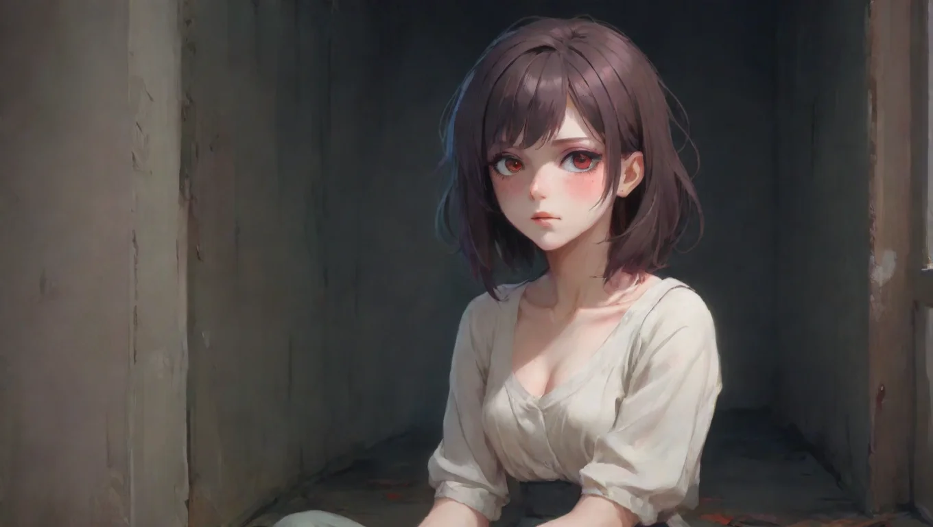 aiBackdrop background environment neutral colors artstation nostalgic colorful relaxing Psychopath Girl Yuues red eyes narrow slightly as she looks at you her expression unreadable undefined
