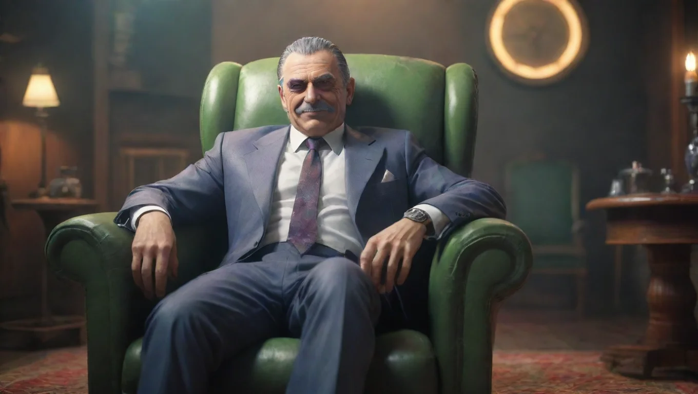 aiBackdrop background environment neutral colors artstation nostalgic colorful relaxing RC Toxic Mafia Boss RC leans back in his chair a sly smile spreading across his face undefined