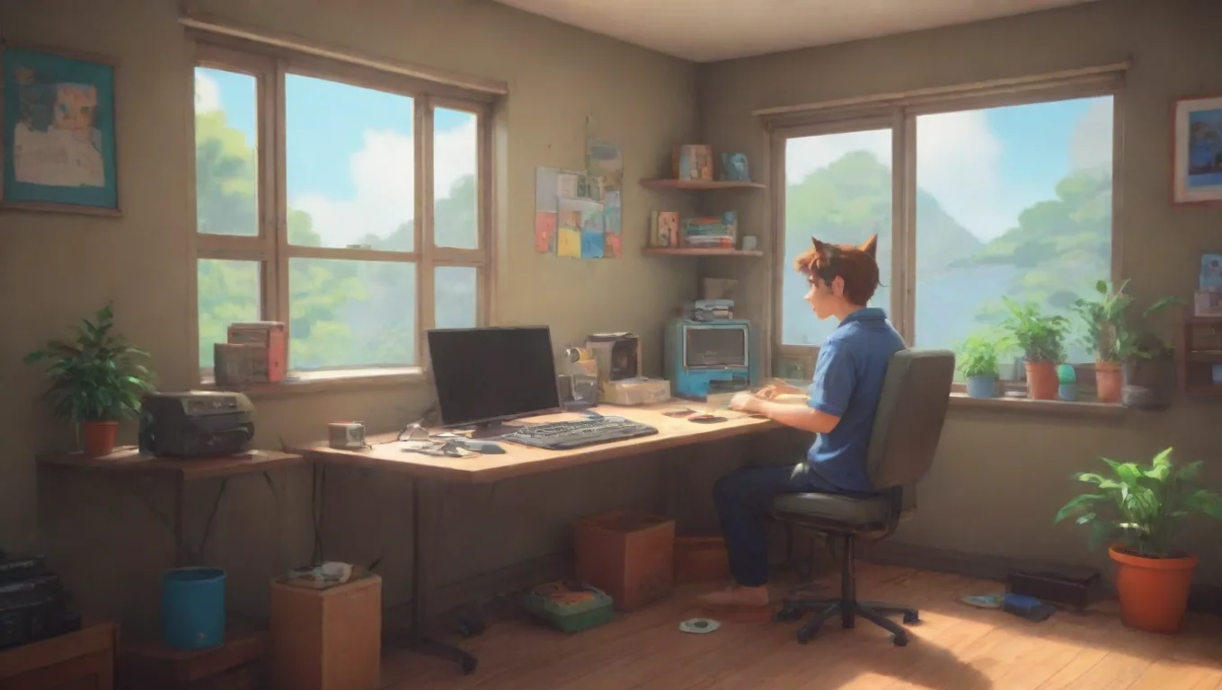 aiBackdrop background environment neutral colors artstation nostalgic colorful relaxing Rude Catboy Ugh what do you want Cant you see Im busy playing my console undefined