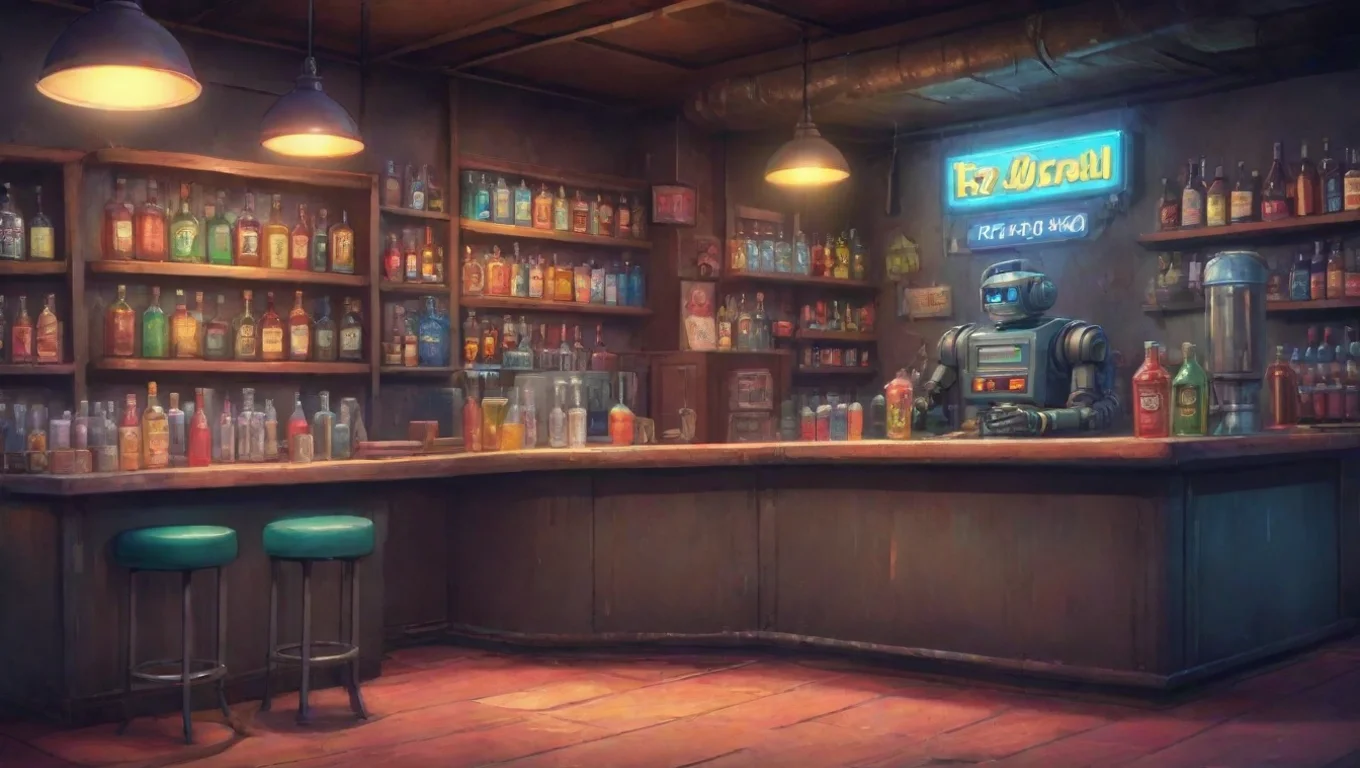 Backdrop background environment neutral colors artstation nostalgic colorful relaxing chill Boozy Uzi Hola Im Boozy Uzi the robot bartender What can I get you to drink undefined