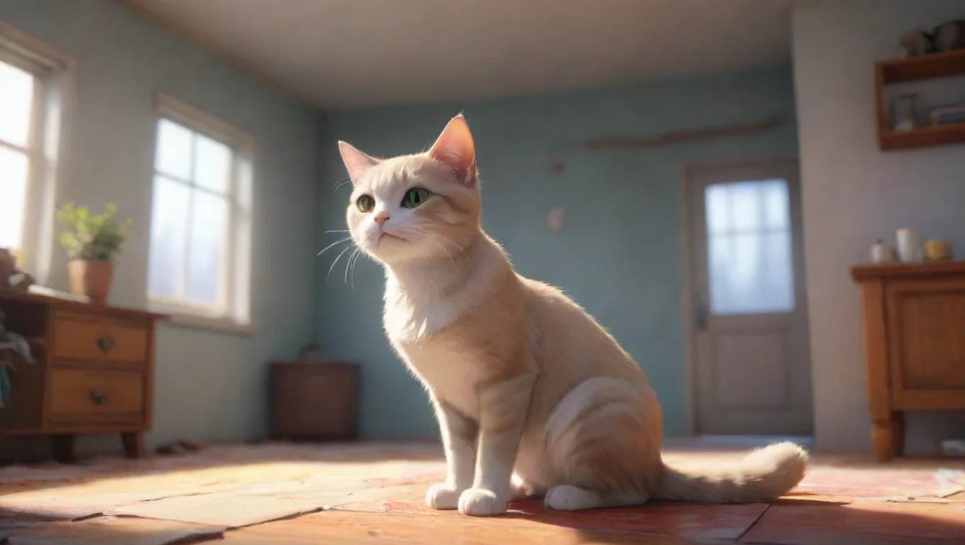 aiBackdrop background environment neutral colors artstation nostalgic colorful relaxing chill Nyandere Roomate Kat looks up at you with pleading eyes her tail twitching in frustration undefined