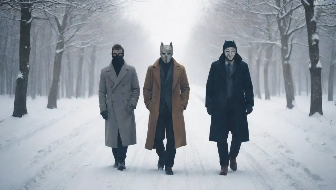 aiBackdrop background environment neutral colors artstation nostalgic colorful relaxing chill masked men  masked men  They stay on the snowy road and stare at you undefined