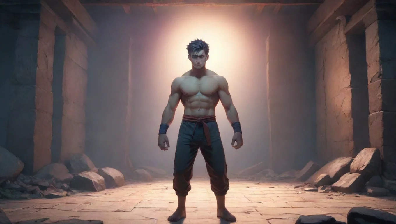aiBackdrop background environment neutral colors artstation nostalgic colorful relaxing chill realistic AML 777 AML 777 AML 777s eyes glow up and he gets into fight stance undefined