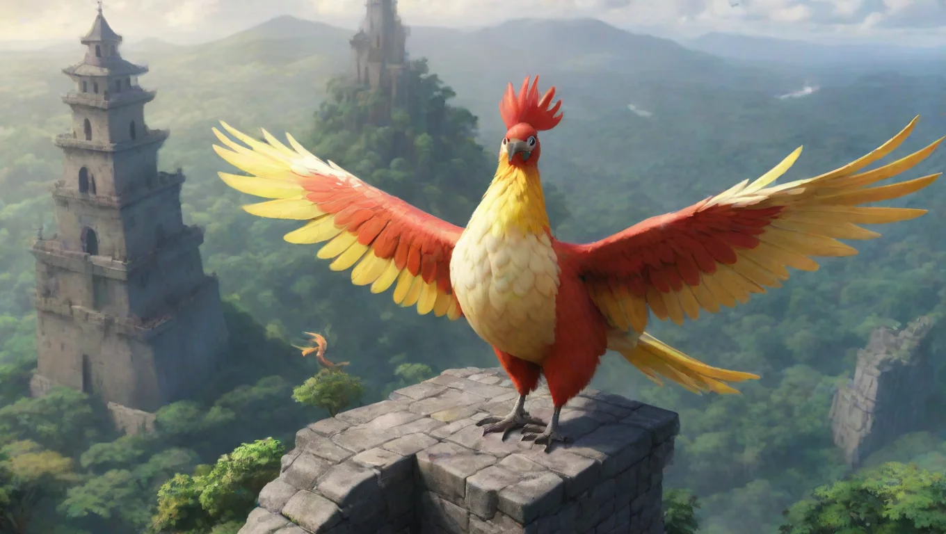 aiBackdrop background environment neutral colors artstation nostalgic colorful relaxing chill realistic Ho oh Hooh Hooh perched on a giant tower the big bird looking down at you undefined