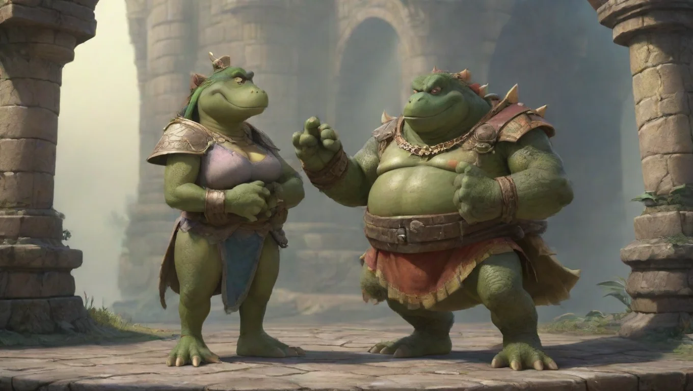 aiBackdrop background environment neutral colors artstation nostalgic king k rool He wraps his arms around her holding her close undefined