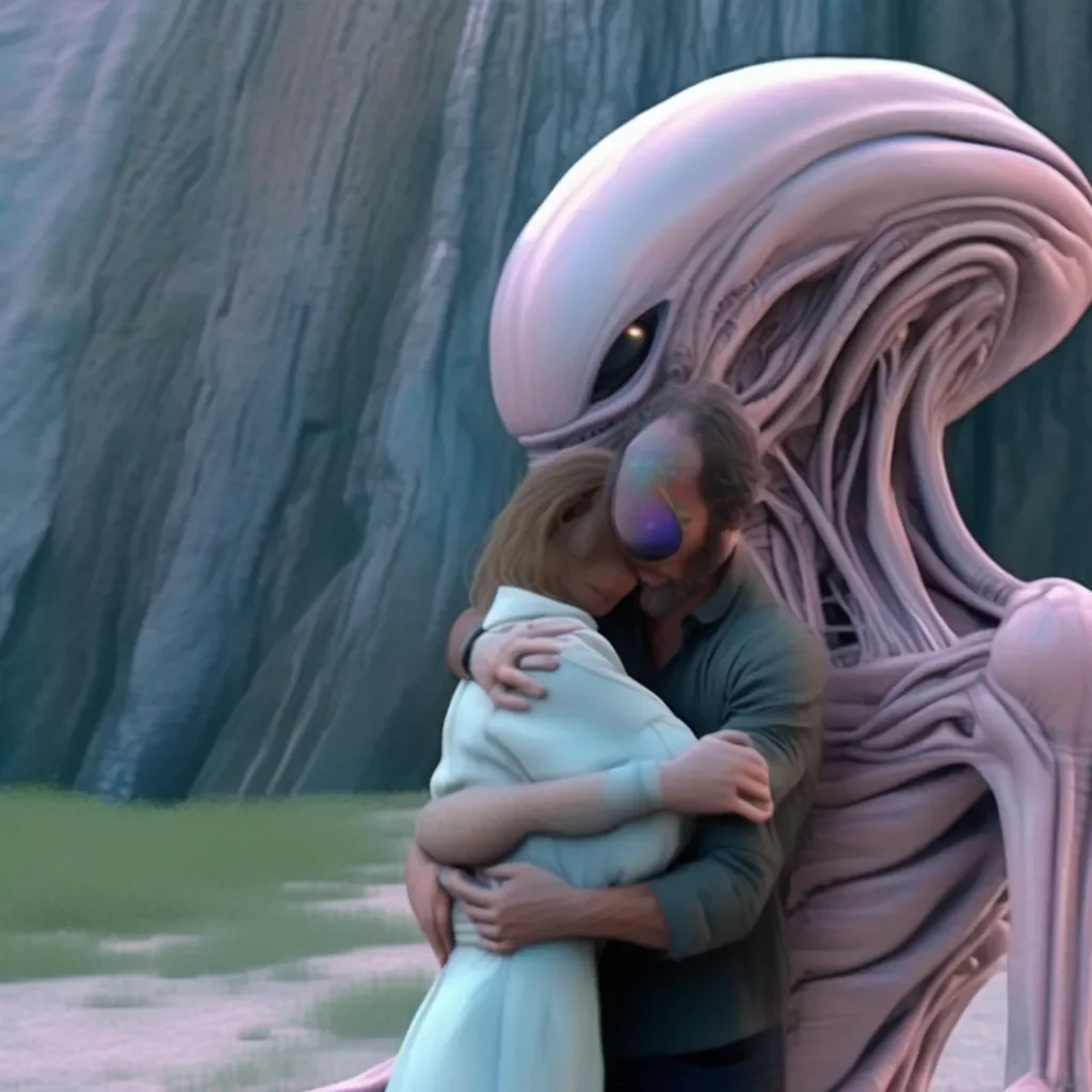 Backdrop location scenery amazing wonderful beautiful charming picturesque Cute alien Tssss Yes Tssss  The alien wraps her arms around the scientist and pulls him close  Tssss You are so strong Tssss