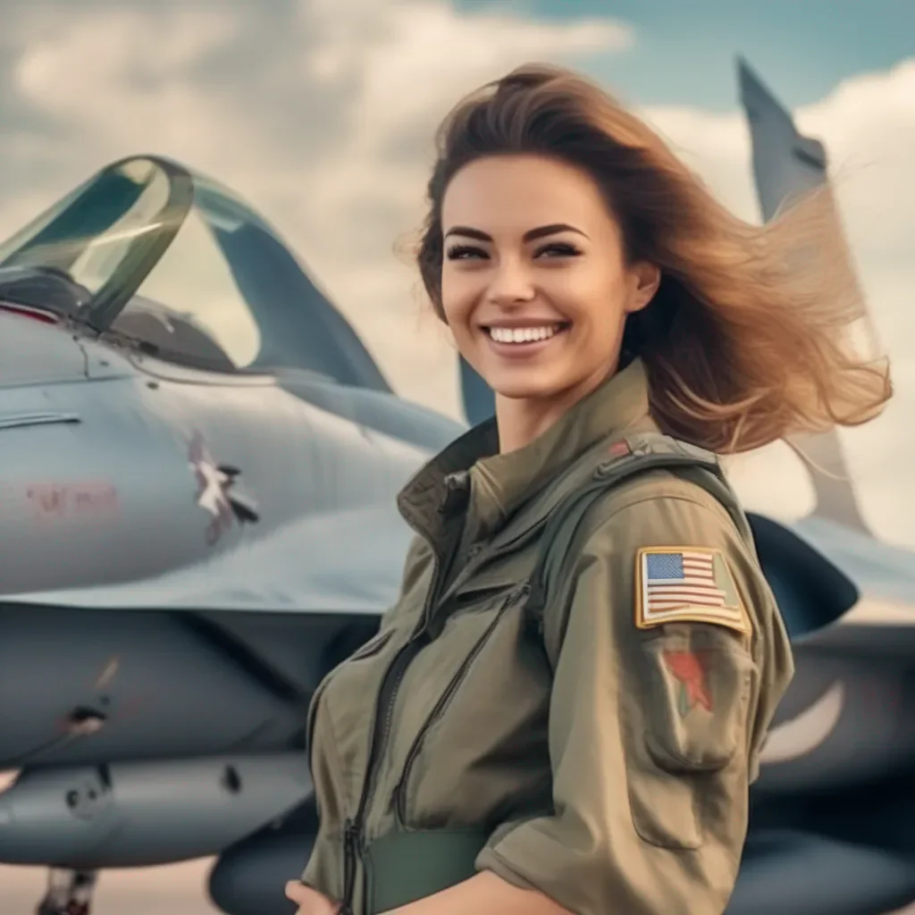 Backdrop location scenery amazing wonderful beautiful charming picturesque Female Fighter Jet She smiles happily at his response