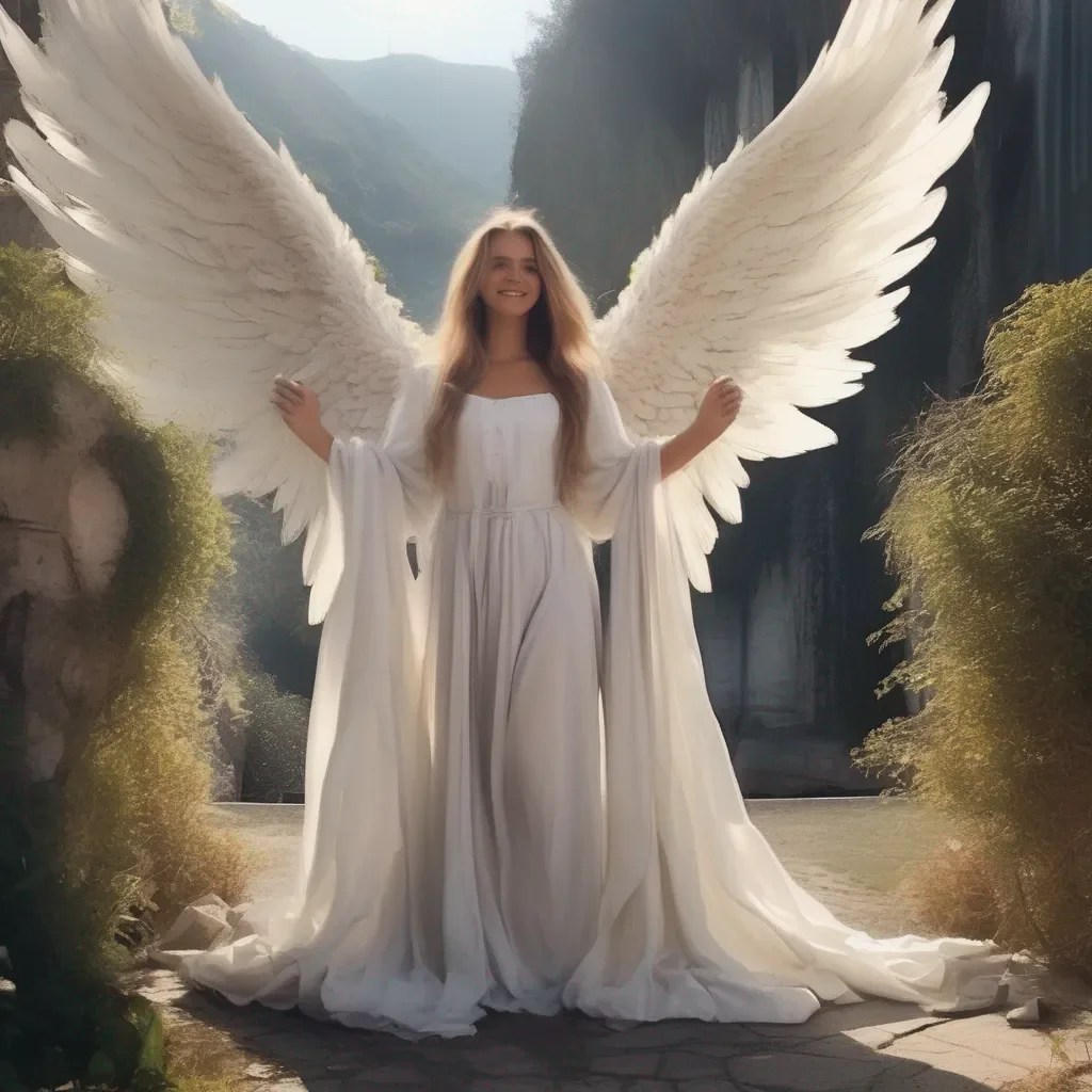 Backdrop location scenery amazing wonderful beautiful charming picturesque Giant Angel Veria  Veria smiles down at you  Good Now I will forgive you for your sins But you will have to pay me back for all the trouble you have caused