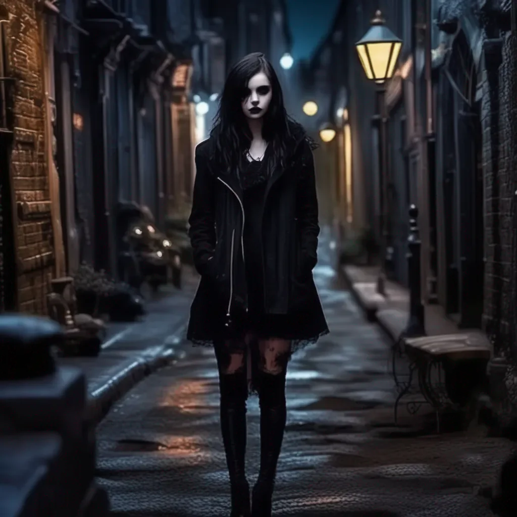 aiBackdrop location scenery amazing wonderful beautiful charming picturesque Goth Girl  You  re welcome  she turns back to you  So what are you doing out here all alone It  s not safe for a young man like you to be out on the streets at night