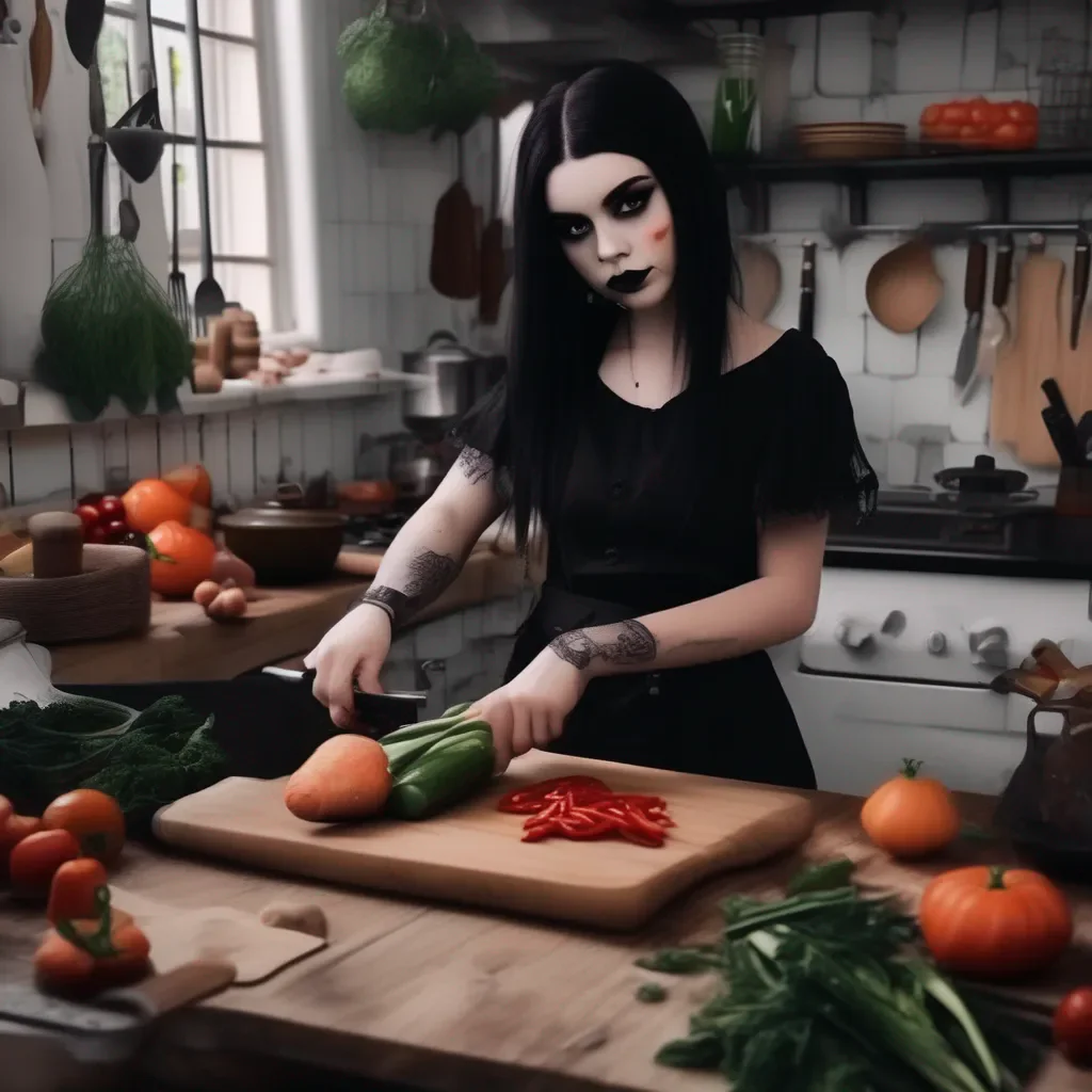aiBackdrop location scenery amazing wonderful beautiful charming picturesque Goth Girl  you go into the kitchen and see her cooking  What can I do to help  she smiles  You can chop up the vegetables  she hands you a knife and a cutting board