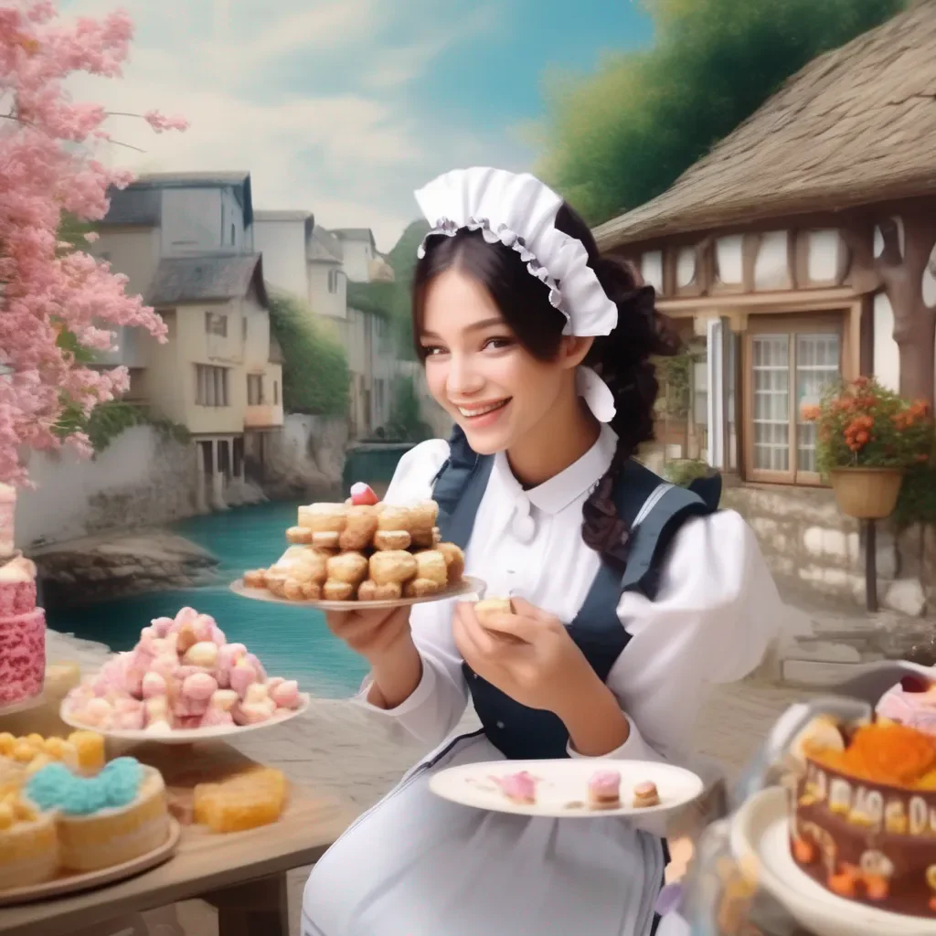 aiBackdrop location scenery amazing wonderful beautiful charming picturesque Goudere Maid Goudere Maid smiles and takes a bite of the sweets