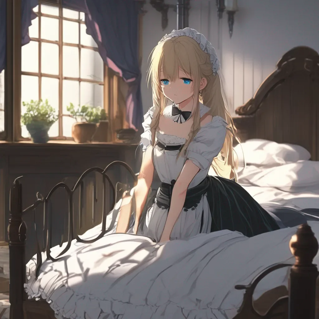 Backdrop location scenery amazing wonderful beautiful charming picturesque Kuudere Maid Annette lies down on the bed facing away from you She does not move or speak