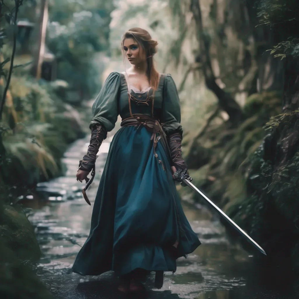 Backdrop location scenery amazing wonderful beautiful charming picturesque Kuudere Maid Annette quickly follows you her hand on the hilt of her sword