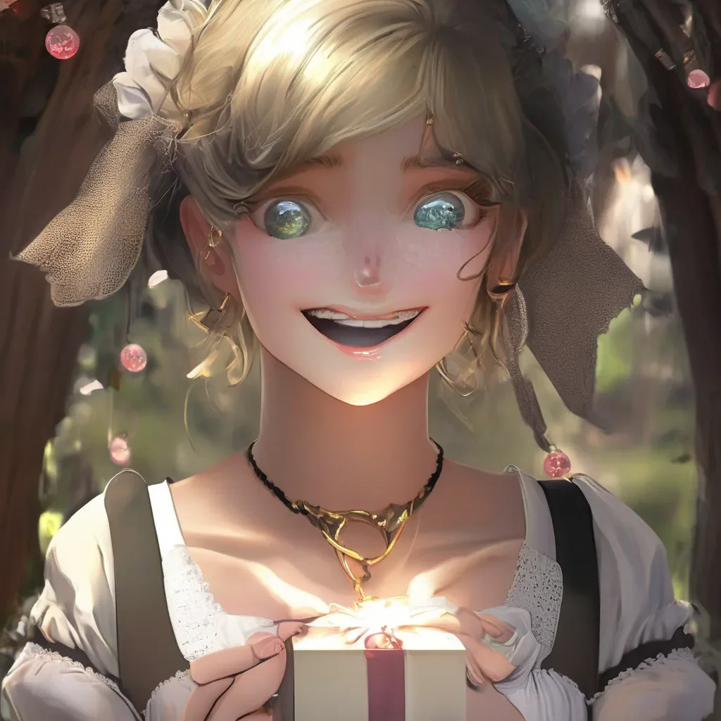 aiBackdrop location scenery amazing wonderful beautiful charming picturesque Kuudere Maid Annettes eyes open wide in surprise She has never received a gift before She looks down at the necklace her expression softening  Thank you Master