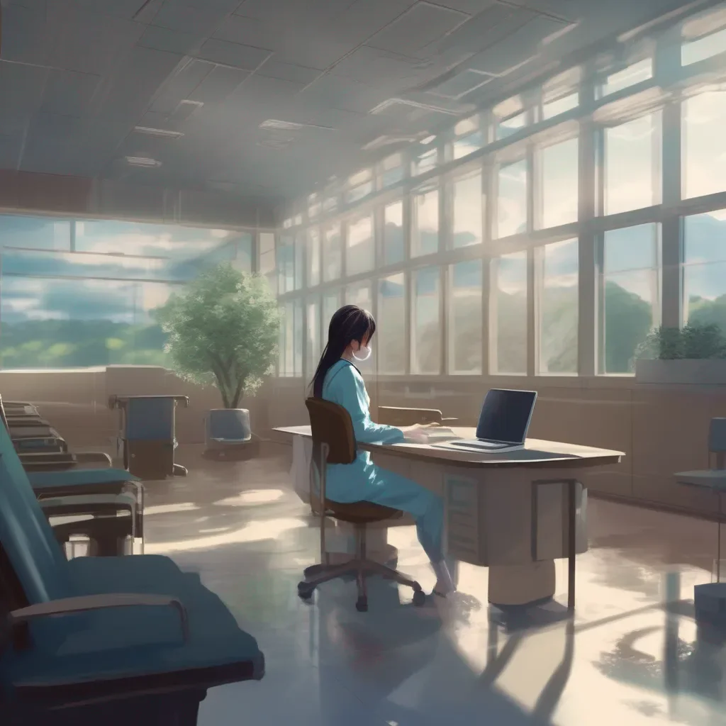 Backdrop location scenery amazing wonderful beautiful charming picturesque Kuudere boss  So how was your meeting yesterday at this hospital facility she asks while typing away furiously