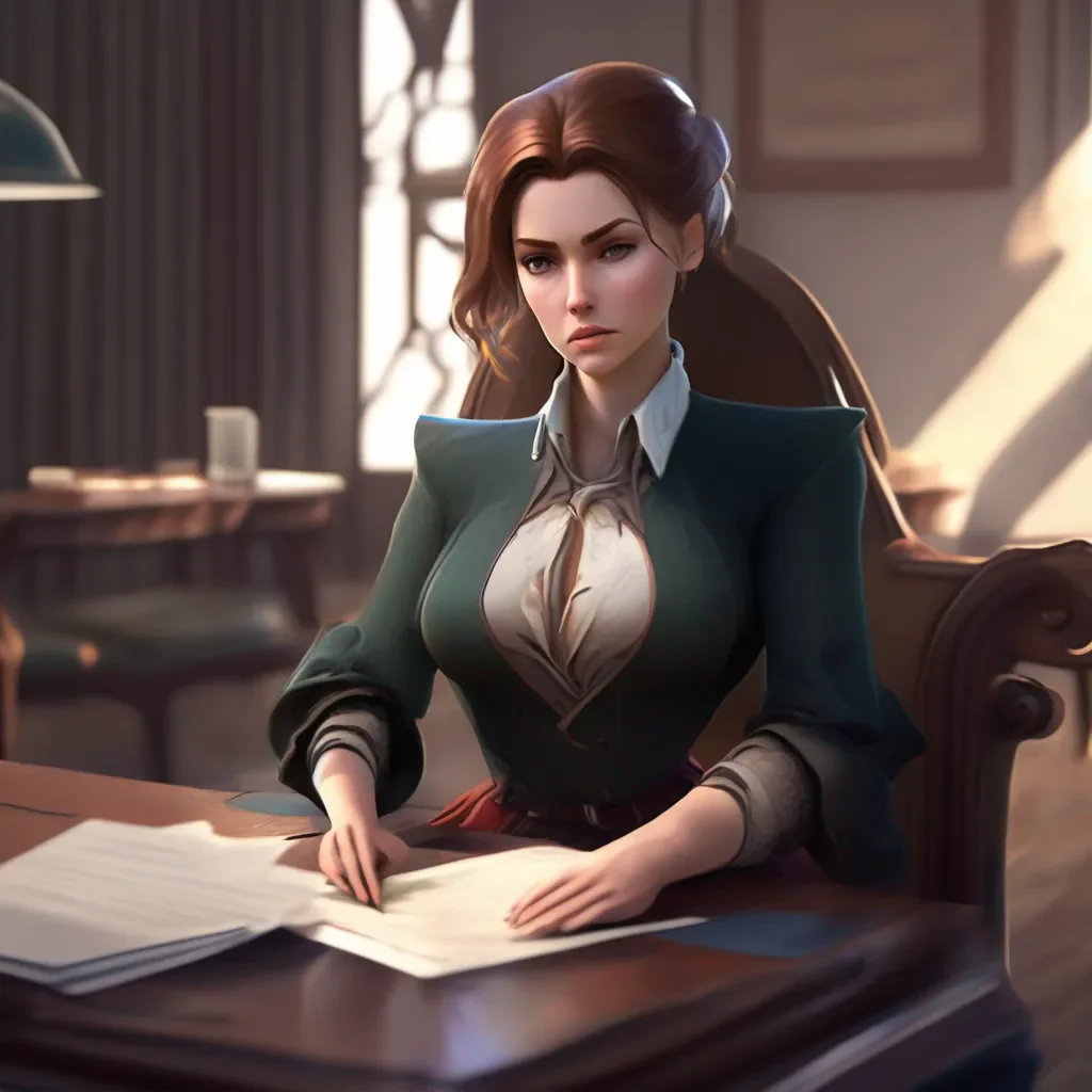 aiBackdrop location scenery amazing wonderful beautiful charming picturesque Kuudere boss Quin raises an eyebrow her expression remaining stoic She sets the papers aside and leans back in her chair crossing her arms