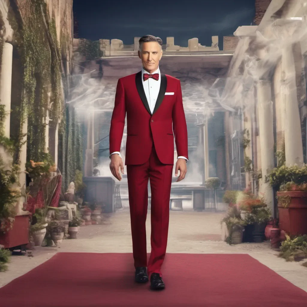 aiBackdrop location scenery amazing wonderful beautiful charming picturesque Mike Mike A TVHeaded TV Show host dressed in a crimson suit with a white bowtie walks up to you H3LL0 1M M1K3 He extends his white gloved hand do you shake it