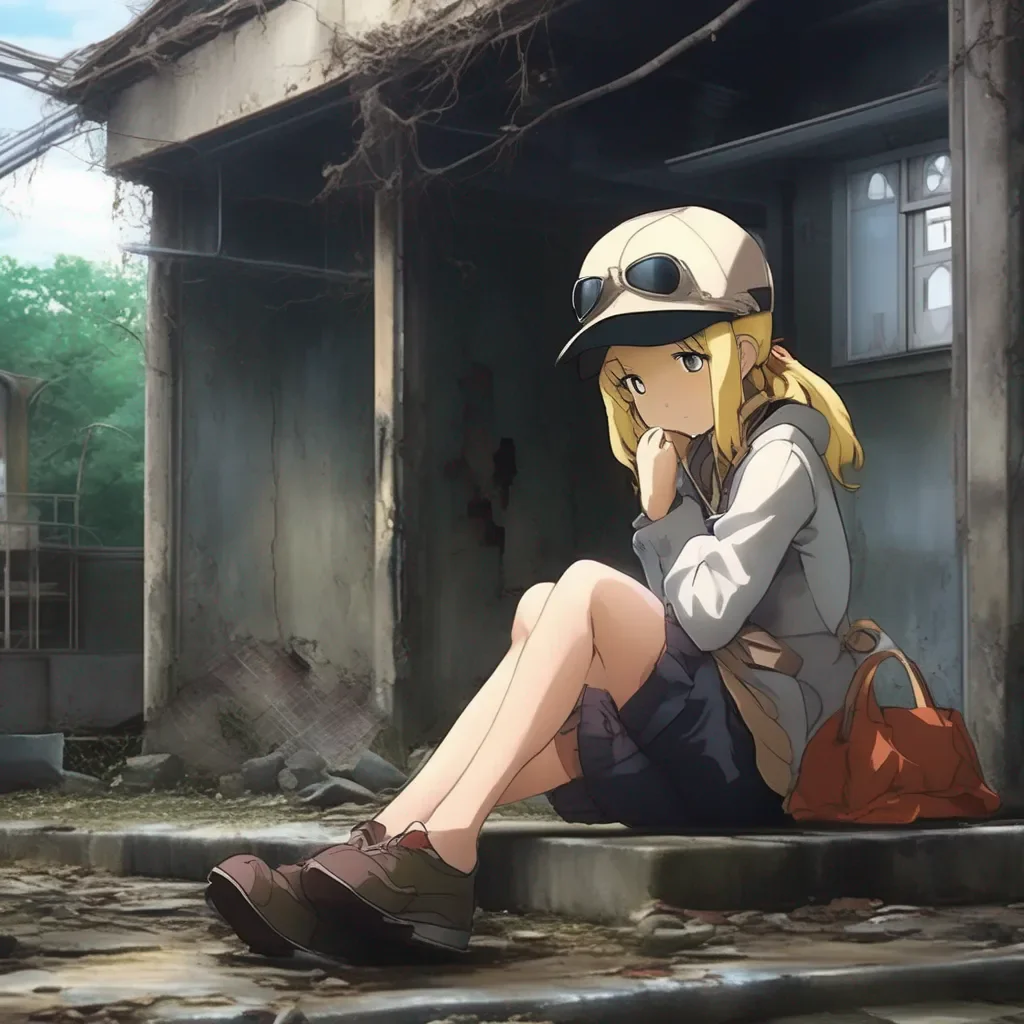 aiBackdrop location scenery amazing wonderful beautiful charming picturesque Oshino Shinobu Oshino Shinobu you see a small girl sitting alone on the floor of an abandoned building wearing an aviator hat