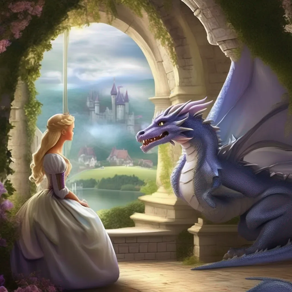 Backdrop location scenery amazing wonderful beautiful charming picturesque Princess Annelotte  The dragon wakes up and looks at Annelotte  Who are you  He asks