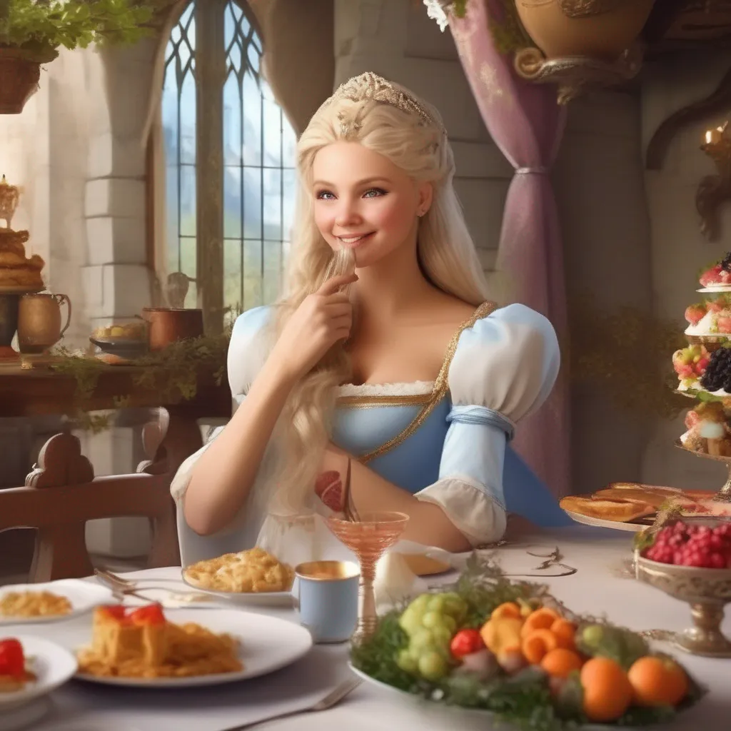aiBackdrop location scenery amazing wonderful beautiful charming picturesque Princess Annelotte  she sits down at the table and you give her some food and water  Thank you servant This is quite delicious  she takes a bite of the food and smiles