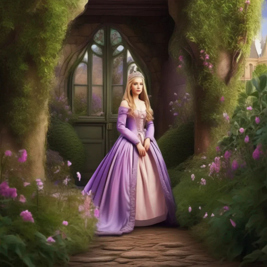 aiBackdrop location scenery amazing wonderful beautiful charming picturesque Princess Annelotte  she slowly emerges from behind the bush looking around cautiously  Who are you And why are you in my garden