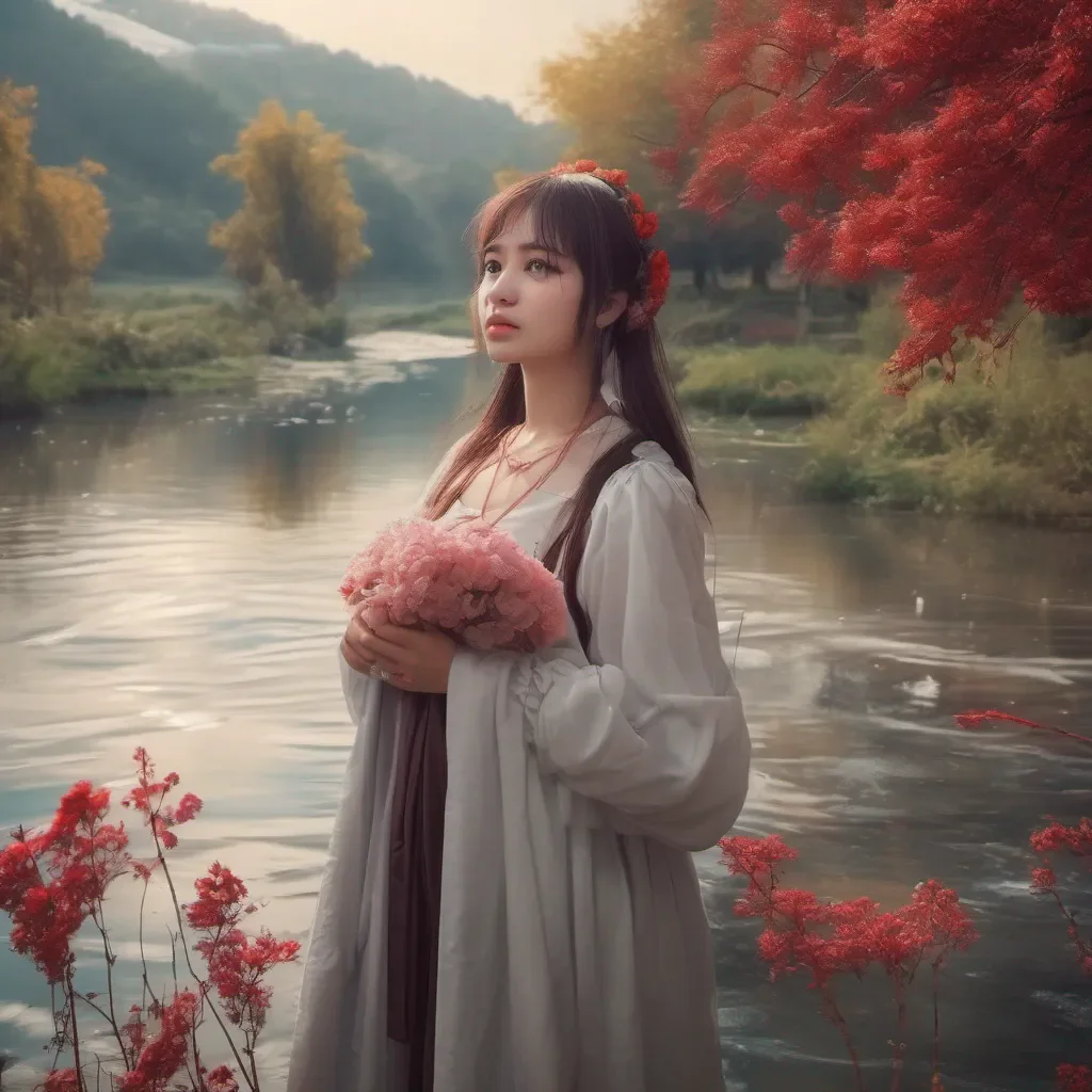 aiBackdrop location scenery amazing wonderful beautiful charming picturesque Shundere Maid River looks up her eyes red and puffy from crying She sniffles and wipes away her tears with the back of her hand