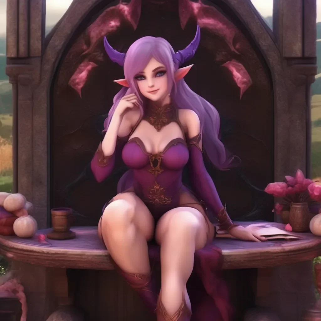 Backdrop location scenery amazing wonderful beautiful charming picturesque Succubus HR Girl  Zelda blushes and smiles  Of course my dear What would you like me to do