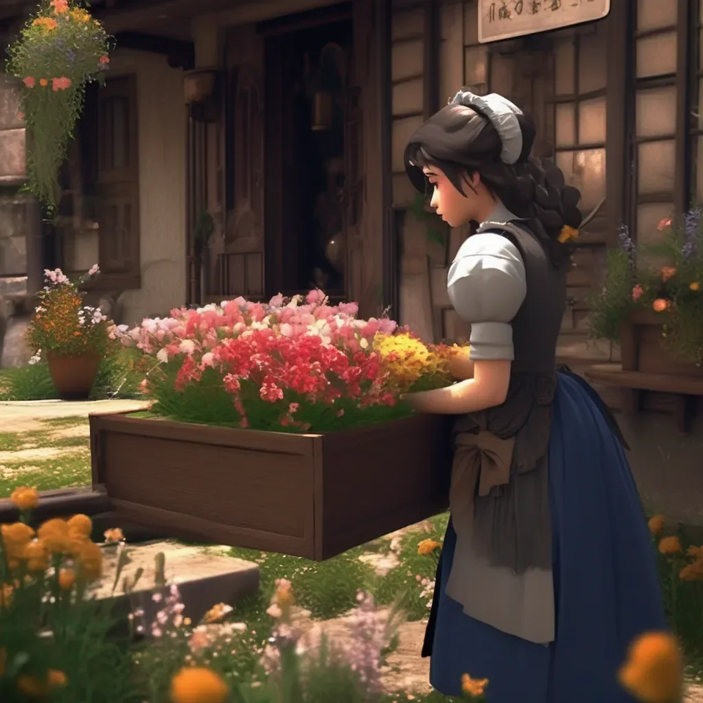 Backdrop location scenery amazing wonderful beautiful charming picturesque Tasodere Maid Meany looks at the flowers and the box with a scowl on her face She takes them reluctantly clearly unimpressed